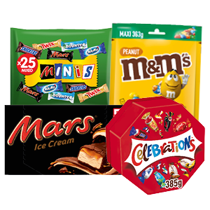 M&M's, Maltesers, Mars, Snickers, Twix, Bounty of Celebrations
