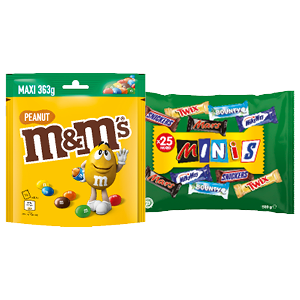 M&M, Maltesers, Twix, Snickers, Mars, Bounty, Celebrations of Milky Way