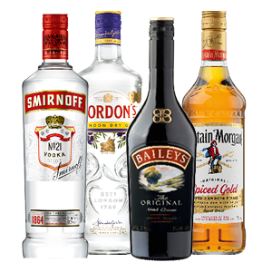 Captain Morgan rum, Smirnoff vodka, Gordon's gin of Baileys likeur