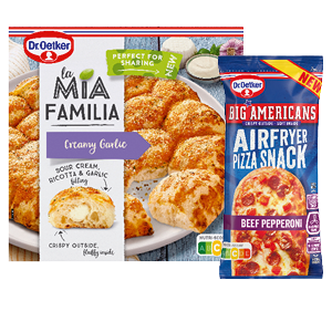 Dr. Oetker Big Americans Airfryer Snack, Suprema Margherita of La Mia Familia Creamy Garlic