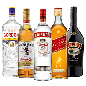 Baileys, Johnnie Walker Whisky, Captain Morgan Rum, Gordon's Gin of Smirnoff Vodka