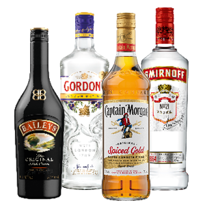 Captain Morgan rum, Smirnoff vodka, Gordon's gin of Baileys likeur