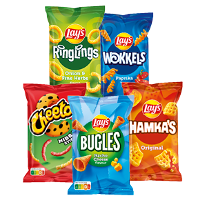 Lay's Cheetos, Bugles, Hamka's, Ringlings, Wokkels of Pom-Tips