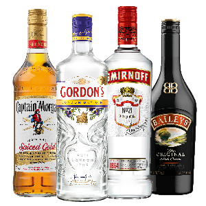 Captain Morgan Rum, Smirnoff Vodka, Gordon's Gin of Baileys likeur