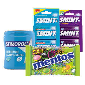 Smint Mild Mint of Red Fruits, Stimorol peppermint of Mentos Sour Tones