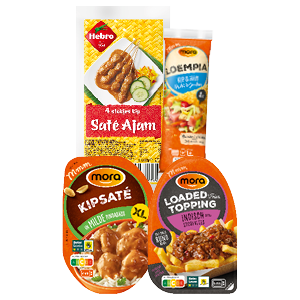 Alle Hebro of Mora saté, loaded toppings, loempia of snackbroodjes