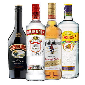 Captain Morgan rum, Smirnoff vodka, Gordon's gin of Baileys likeur