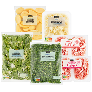 Jumbo stamppotgroente, -aardappelen, spekreepjes, -blokjes of hamblokjes