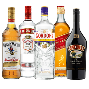 Baileys, Johnnie Walker Whisky, Captain Morgan Rum, Gordon's Gin of Smirnoff Vodka
