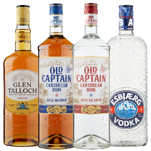 Glen Talloch whisky, Esbjaerg vodka of Old Captain rum