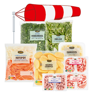 Jumbo stamppotgroente. stamppotaardappelen, spekreepjes of hamblokjes