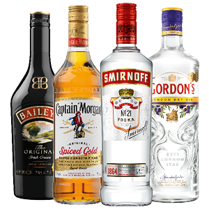 Captain Morgan Rum, Smirnoff Vodka, Gordon's Gin of Baileys likeur