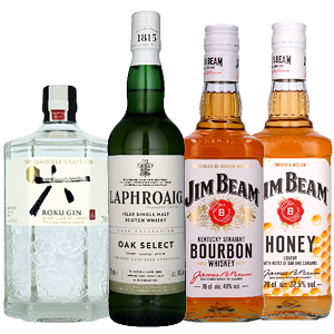 Jim Beam whisky, Roku gin of Laphroaig Oak Select whisky