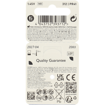 Varta V312 Hearing Aid 8 Stuks