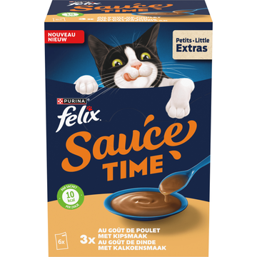 Felix Sauce Time met Kipsmaak en Kalkoensmaak - Natvoer voor Volwassen Katten - Portiezakjes 6 x 40 g