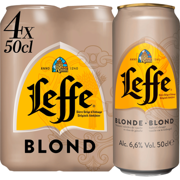 Leffe Belgisch Abdijbier Blond Subtiel Vleugje Vanille en Kruidnagel Blikken 4 x 50 cl