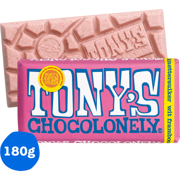 Tony's Chocolonely Wit 28% Framboos Knettersuiker Chocolade Reep 180 g