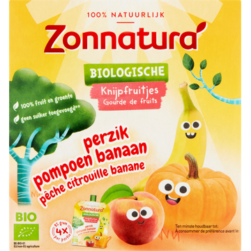 Zonnatura Biologische Knijpfruitjes Perzik Pompoen Banaan 4 x 85 g