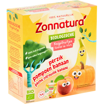 Zonnatura Biologische Knijpfruitjes Perzik Pompoen Banaan 4 x 85 g
