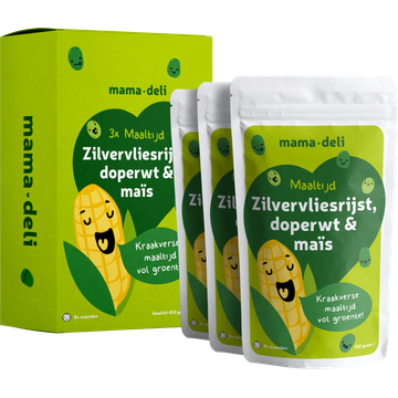 Mama Deli Maaltijd zilvervliesrijst doperwt & mais 8+ maanden 3 x 150 g