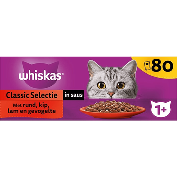 Whiskas 1+ Natvoer - Classic - Selectie in Saus - Maaltijdzakjes 80 x 85 g