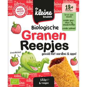De Kleine Keuken Biologische Granen Reepjes Gevuld met Aardbei & Appel 18+ Maanden 6 Stuks 132 g