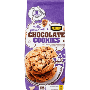 Jumbo Chocolate Cookies Melk, Puur & Wit Big Chunks 8 Stuks 200 g