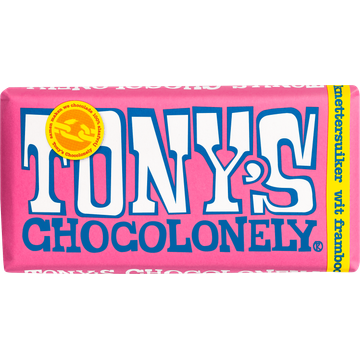 Tony's Chocolonely Wit 28% Framboos Knettersuiker Chocolade Reep 180 g
