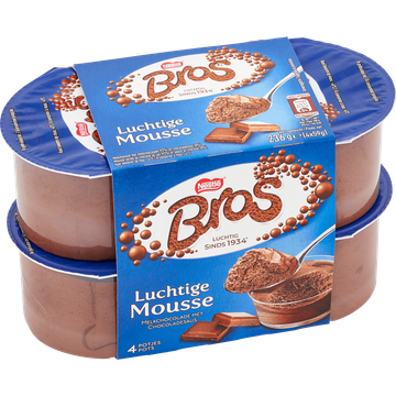 Bros Luchtige Mousse Melkchocolade met Chocoladesaus 4 x 59 g