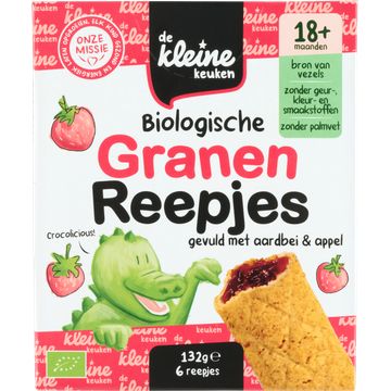 De Kleine Keuken Biologische Granen Reepjes Gevuld met Aardbei & Appel 18+ Maanden 6 Stuks 132 g