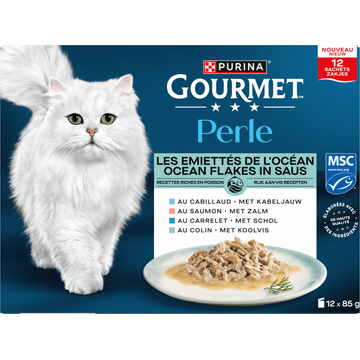 Gourmet Perle Ocean Flakes in Saus met Zalm, Kabeljauw, Koolvis, Schol, Kattenvoer 12x85g