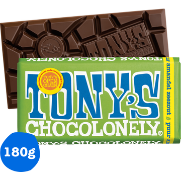 Tony's Chocolonely Amandel Zeezout Puur Chocolade reep 51% 180 g