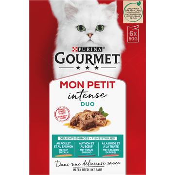 PURINA® Gourmet® Mon Petit Intense DUO Fijne stukjes met Kip en Zalm, met Tonijn en Rund, met Kalkoen en Forel 6x50g natvoer