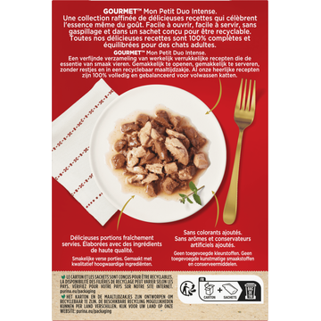 PURINA® Gourmet® Mon Petit Intense DUO Fijne stukjes met Kip en Zalm, met Tonijn en Rund, met Kalkoen en Forel 6x50g natvoer