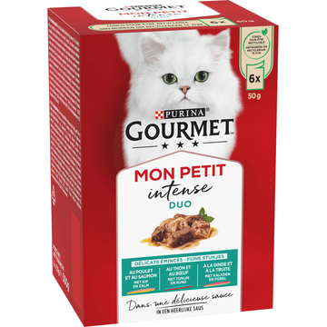 PURINA® Gourmet® Mon Petit Intense DUO Fijne stukjes met Kip en Zalm, met Tonijn en Rund, met Kalkoen en Forel 6x50g natvoer