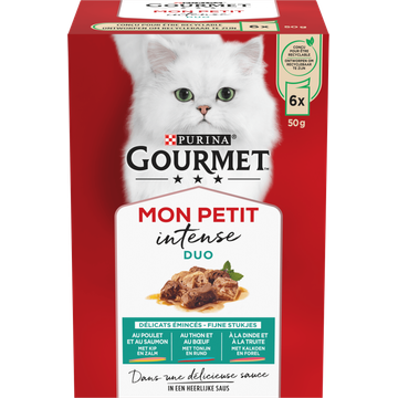 PURINA® Gourmet® Mon Petit Intense DUO Fijne stukjes met Kip en Zalm, met Tonijn en Rund, met Kalkoen en Forel 6x50g natvoer