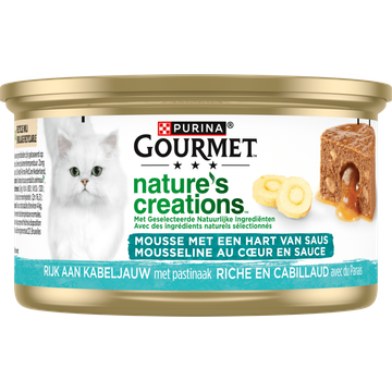 PURINA® Gourmet® Nature's Creations Mousse met een Hart van Saus, Rijk aan Kabeljauw Kattenvoer 85g