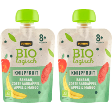 Jumbo Biologisch Fruit- & Groentehapje - Banaan, Zoete Aardappel, Appel & Mango 8+ Maanden 2x 90 g