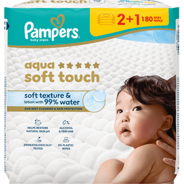 Pampers Aqua Soft Touch Babydoekjes, 180 Doekjes