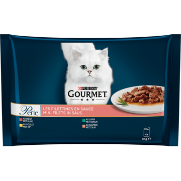Gourmet Perle Mini Filets In Saus, Volledig Nat Diervoeder Voor Volwassen Katten, Met Kip, Met Rund, Met Konijn, Met Zalm, 85g  Maaltijdzakje