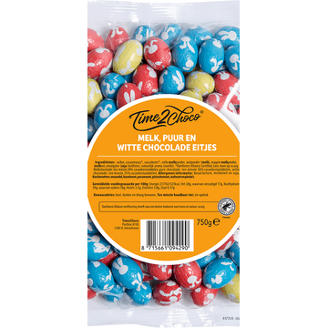 Time2Choco Melk, Puur en Witte Chocolade Eitjes 750 g