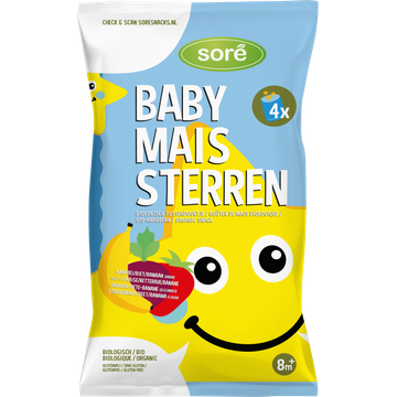 Soré Baby Mais Sterren Biologisch Tussendoortje Aardbei/Biet/Banaan Smaak 8m+ 4 x 15 g