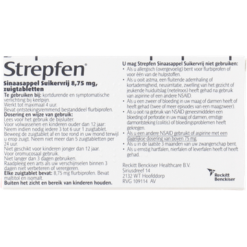 Strepfen Sinaasappel Suikervrij Zuigtabletten 8,75 mg, 8 Stuks