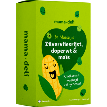 Mama Deli Maaltijd zilvervliesrijst doperwt & mais 8+ maanden 3 x 150 g