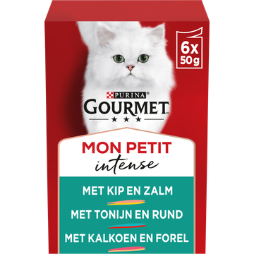 PURINA® Gourmet® Mon Petit Intense DUO Fijne stukjes met Kip en Zalm, met Tonijn en Rund, met Kalkoen en Forel 6x50g natvoer