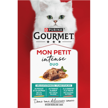 PURINA® Gourmet® Mon Petit Intense DUO Fijne stukjes met Kip en Zalm, met Tonijn en Rund, met Kalkoen en Forel 6x50g natvoer