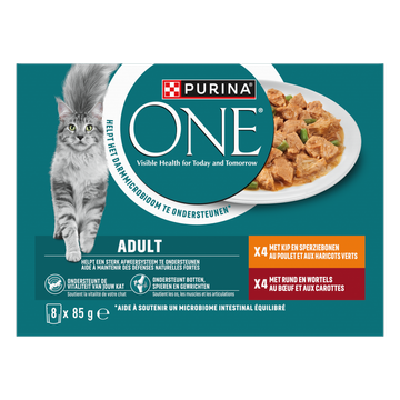 Purina ONE® Adult Rijk aan Kip en Sperziebonen / Rund en Wortels in Saus kattenvoer nat 8x85g