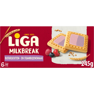 Liga Milkbreak Bosvruchten- en Frambozensmaak 6x2 biscuits 245 g