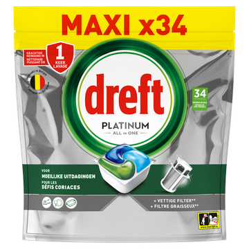Dreft Platinum All In One Vaatwastabletten, Original, 34 Capsules