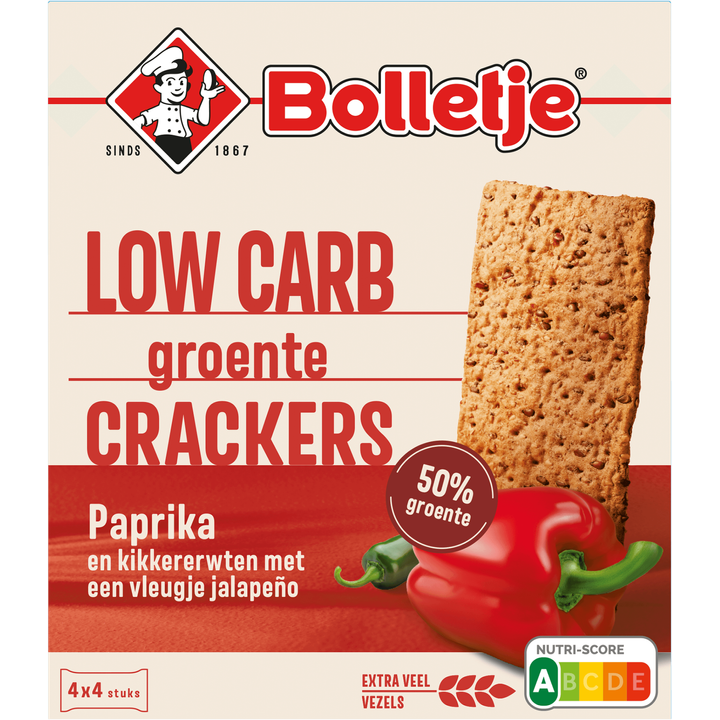 Bolletje Low Carb Groentecrackers Paprika Jalapeño 4 x 4 Stuks 200 g